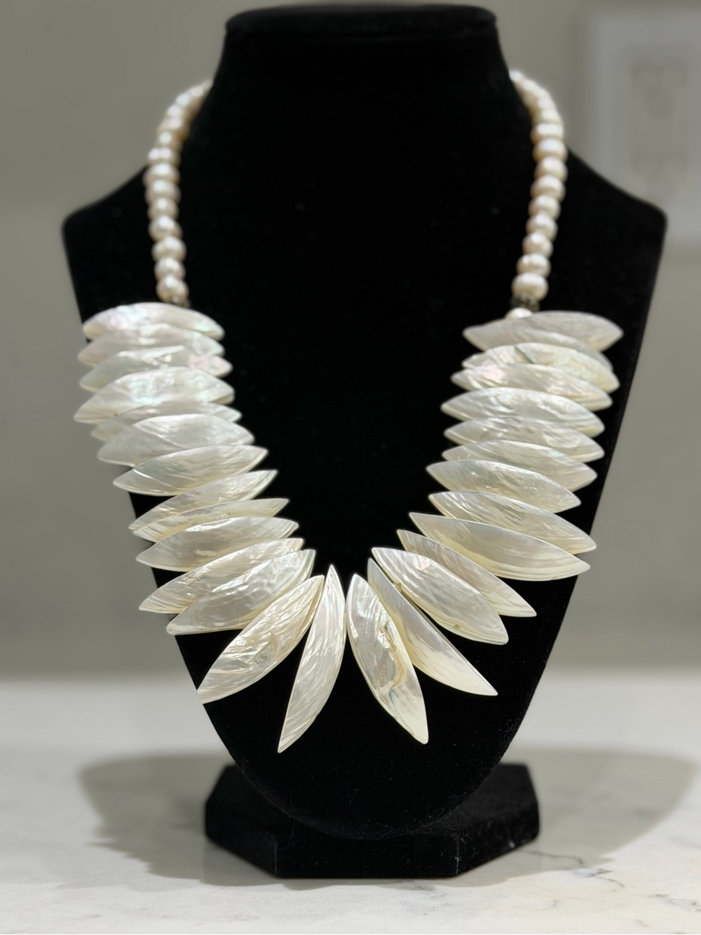 Mother of Peal Shell Statement Necklace - White